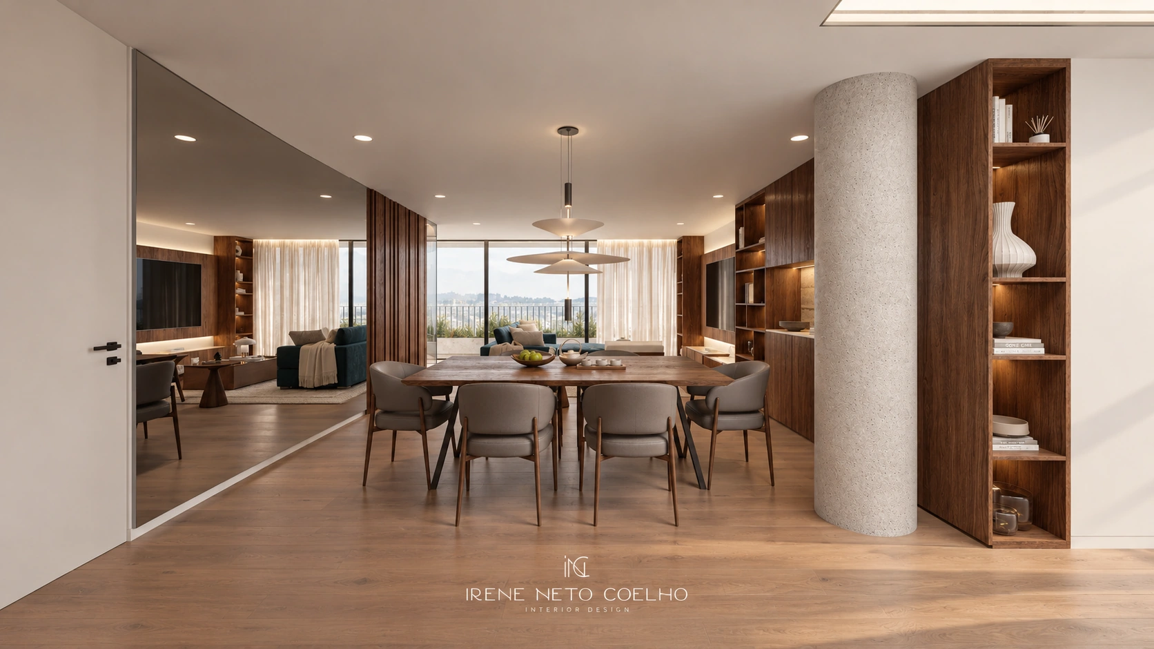 Dining room visualisation with a timber table, upholstered chairs and bespoke shelving