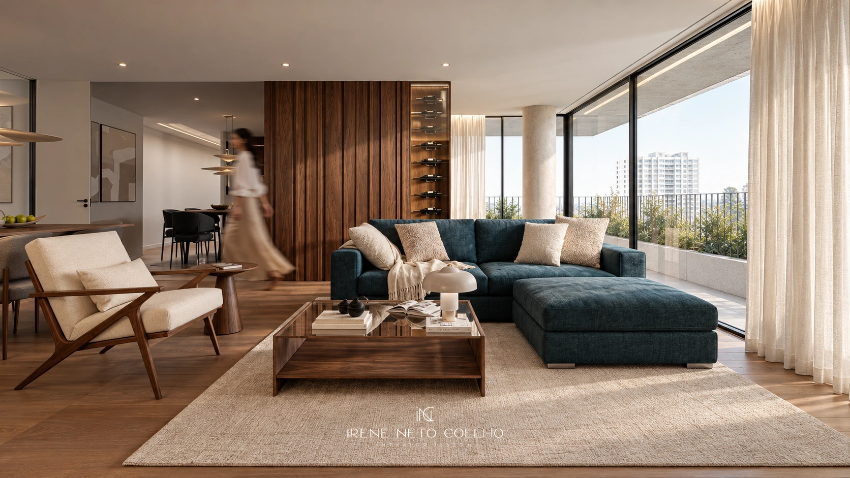 Living room design concept with a deep green sofa, warm wood and natural light