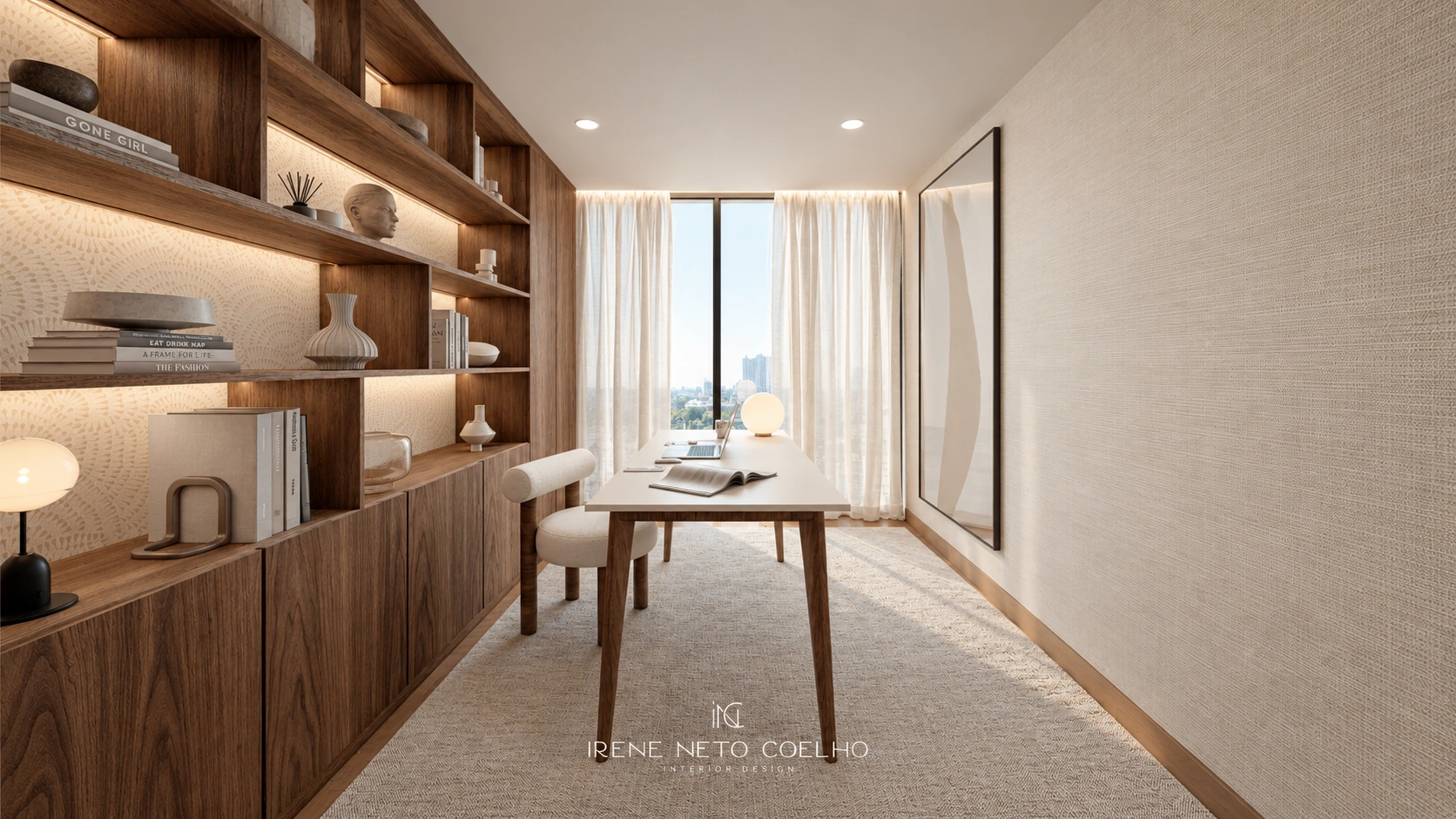 Home office visualisation with illuminated shelving, a desk and natural light