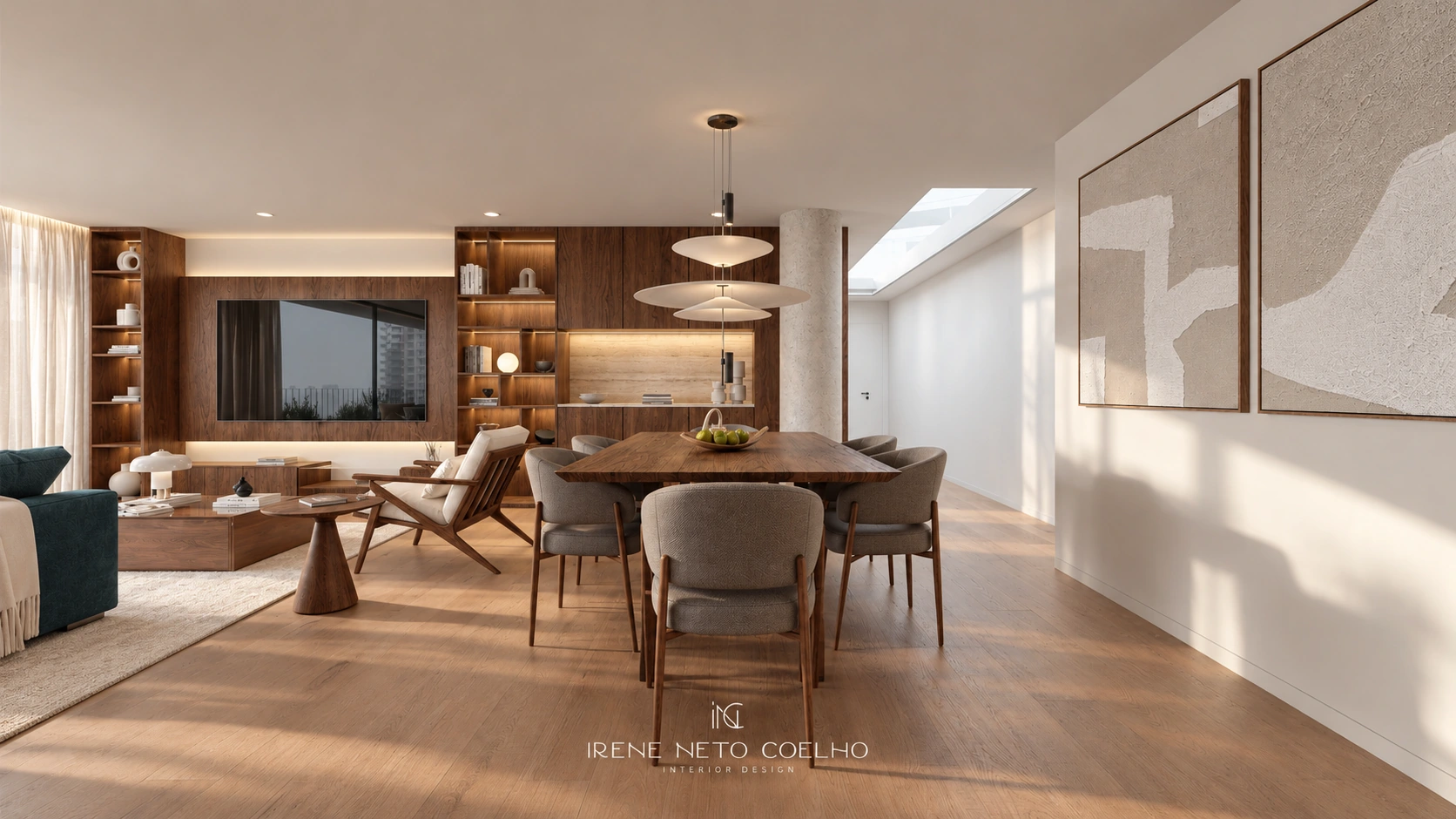 Open-plan living and dining visualisation with warm wood and sculptural lighting